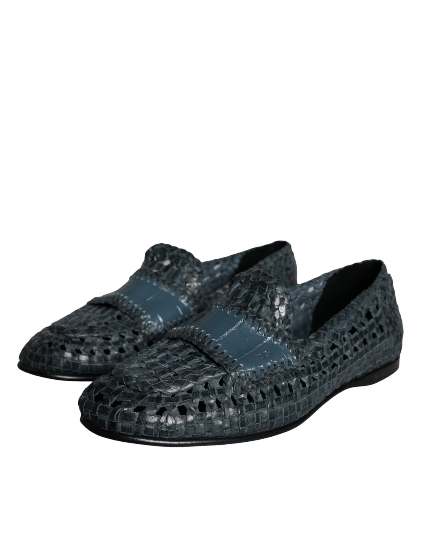 Dolce &amp; Gabbana Blue Woven Leather Slip On Loafers Skor för män