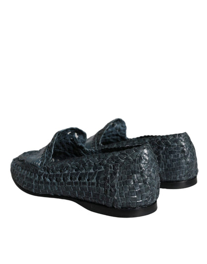 Dolce &amp; Gabbana Blue Woven Leather Slip On Loafers Skor för män