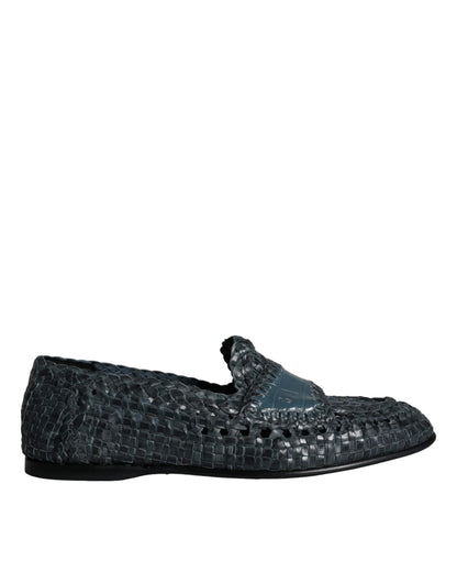 Dolce &amp; Gabbana Blue Woven Leather Slip On Loafers Skor för män