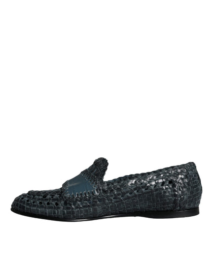 Dolce &amp; Gabbana Blue Woven Leather Slip On Loafers Skor för män