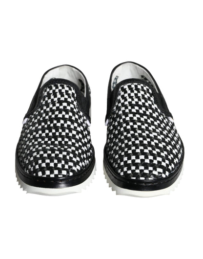 Dolce &amp; Gabbana Black White Weaved Slip On Men Loafers Skor