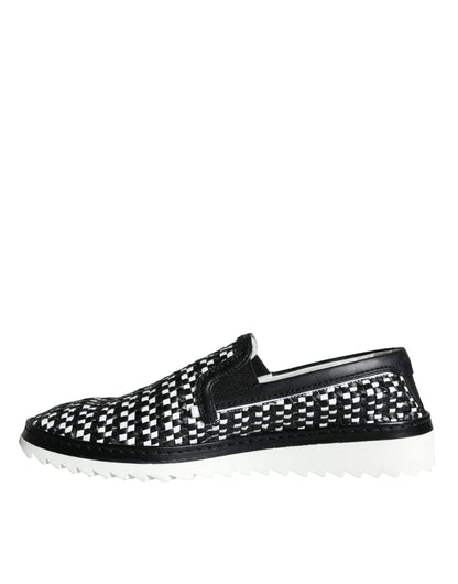 Dolce &amp; Gabbana Black White Weaved Slip On Men Loafers Skor