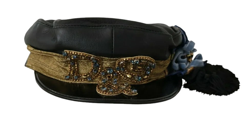 Gorra estilo violinista con lazo dorado y cuentas de cristal de cuero negro de Dolce &amp; Gabbana