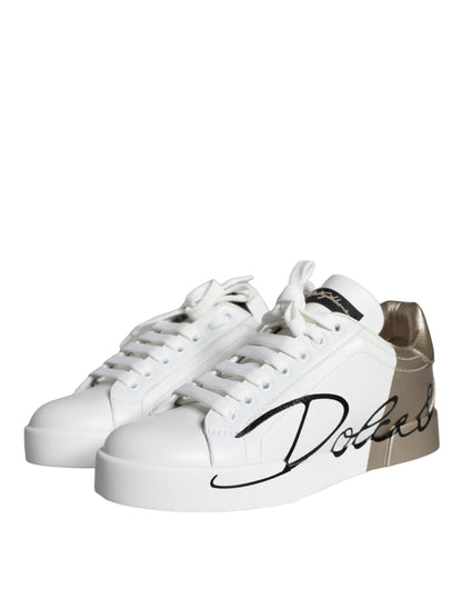 Dolce &amp; Gabbana Vitguld Portofino Low Top Läder Sneakers Skor