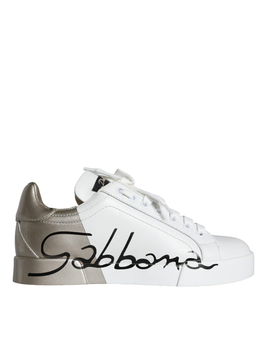 Dolce &amp; Gabbana Vitguld Portofino Low Top Läder Sneakers Skor