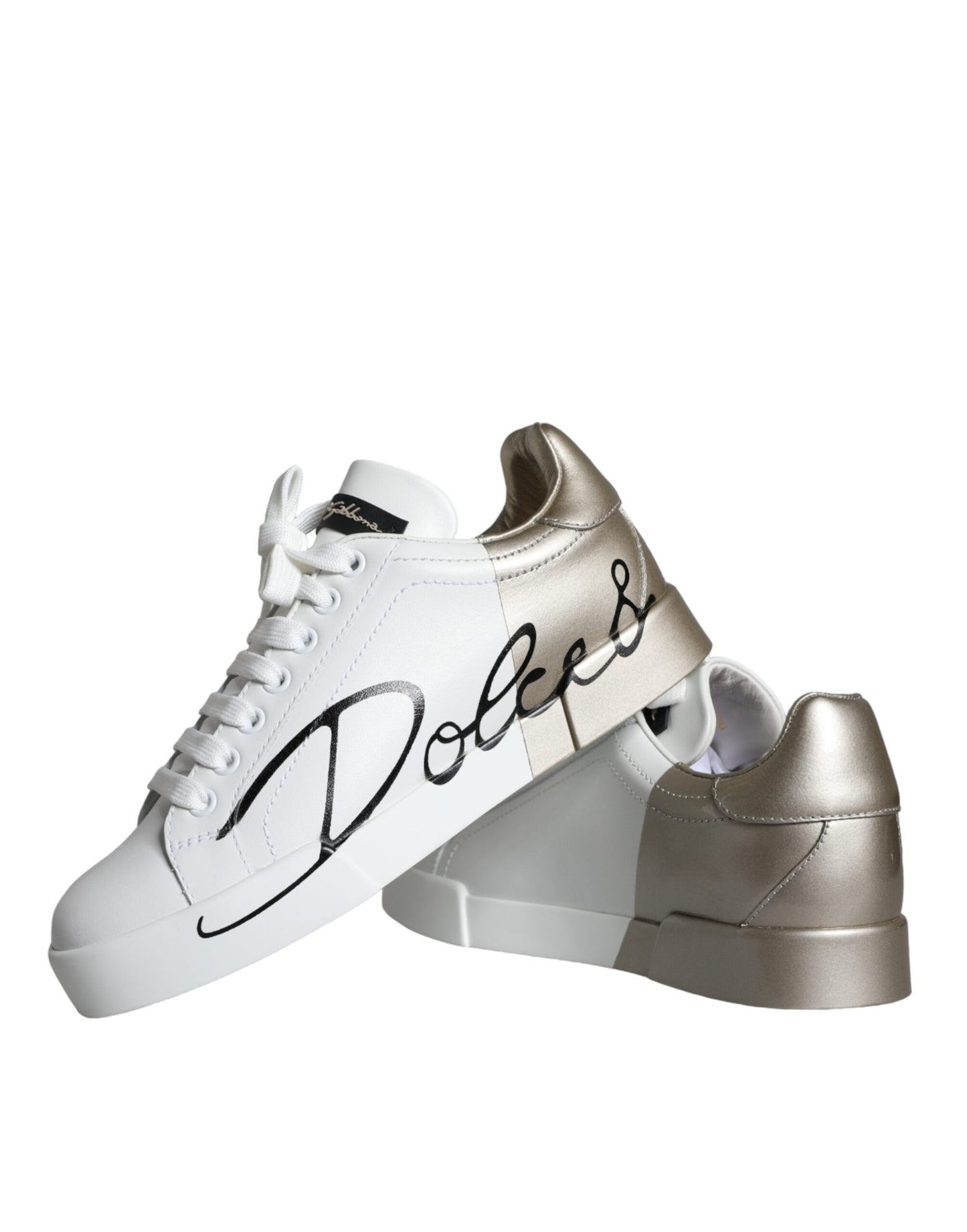 Dolce &amp; Gabbana Vitguld Portofino Low Top Läder Sneakers Skor