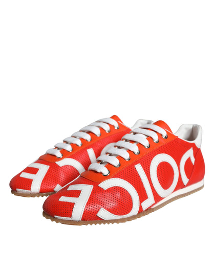 Dolce &amp; Gabbana Röd Vit Läder Logotyp Casual Sneakers Skor