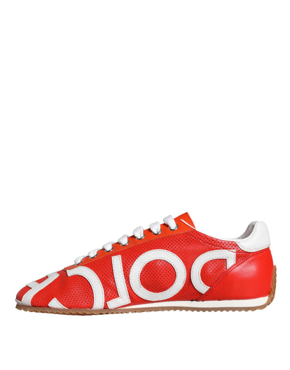 Dolce &amp; Gabbana Röd Vit Läder Logotyp Casual Sneakers Skor