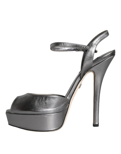 Dolce & Gabbana Metallic Silver Leather Keira Platform Sandals Shoes