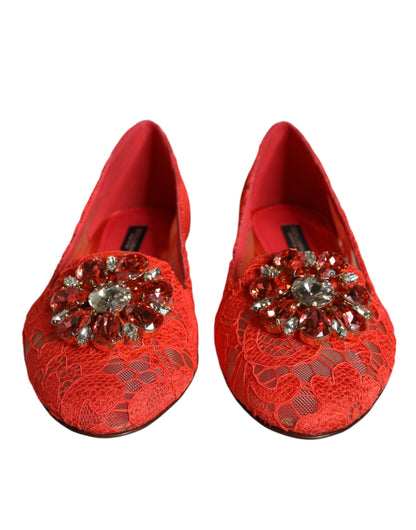 Dolce &amp; Gabbana Coral Lace Crystal Ballet Flats Loafers Skor