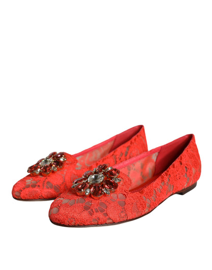 Dolce &amp; Gabbana Coral Lace Crystal Ballet Flats Loafers Skor