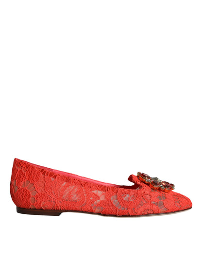 Dolce &amp; Gabbana Coral Lace Crystal Ballet Flats Loafers Skor