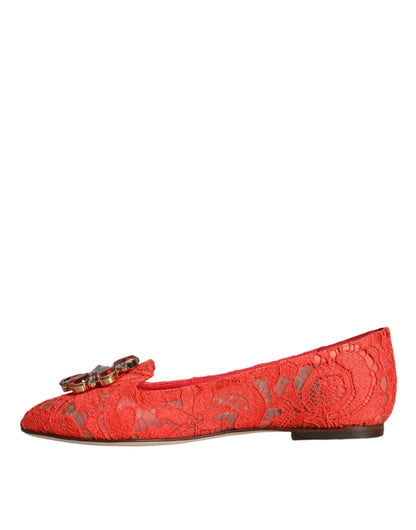 Dolce &amp; Gabbana Coral Lace Crystal Ballet Flats Loafers Skor