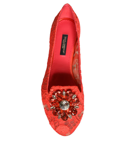 Dolce &amp; Gabbana Coral Lace Crystal Ballet Flats Loafers Skor