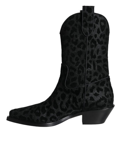 Dolce & Gabbana Black Gray Leopard Cowboy Boots Shoes