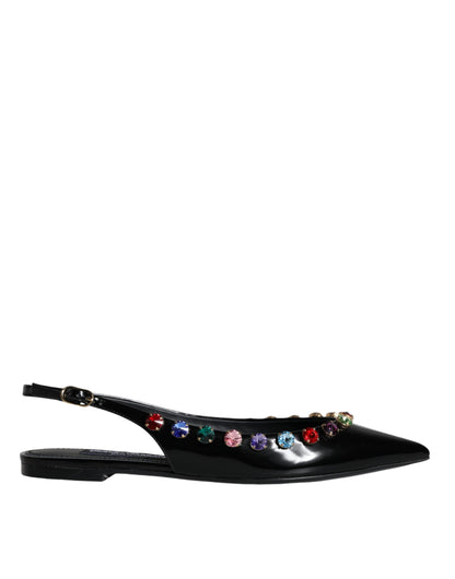 Dolce & Gabbana Black Leather Crystal Flats Slingback Shoes