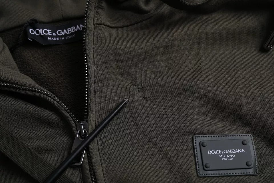 Dolce &amp; Gabbana Army Green Logo Tröja med luva och hel dragkedja