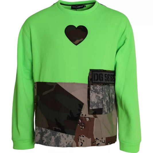 Dolce &amp; Gabbana Grön Patchwork Heart Crew Neck Pullover Sweater