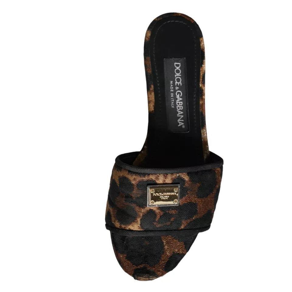 Dolce &amp; Gabbana Brown Leopard Logo Slides Flats Sandaler Skor