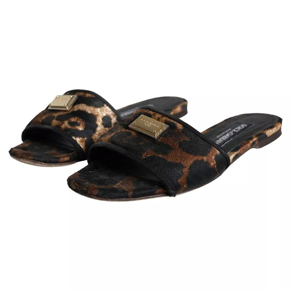 Dolce &amp; Gabbana Brown Leopard Logo Slides Flats Sandaler Skor