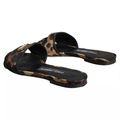 Dolce &amp; Gabbana Brown Leopard Logo Slides Flats Sandaler Skor