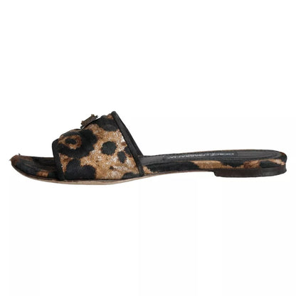 Dolce &amp; Gabbana Brown Leopard Logo Slides Flats Sandaler Skor