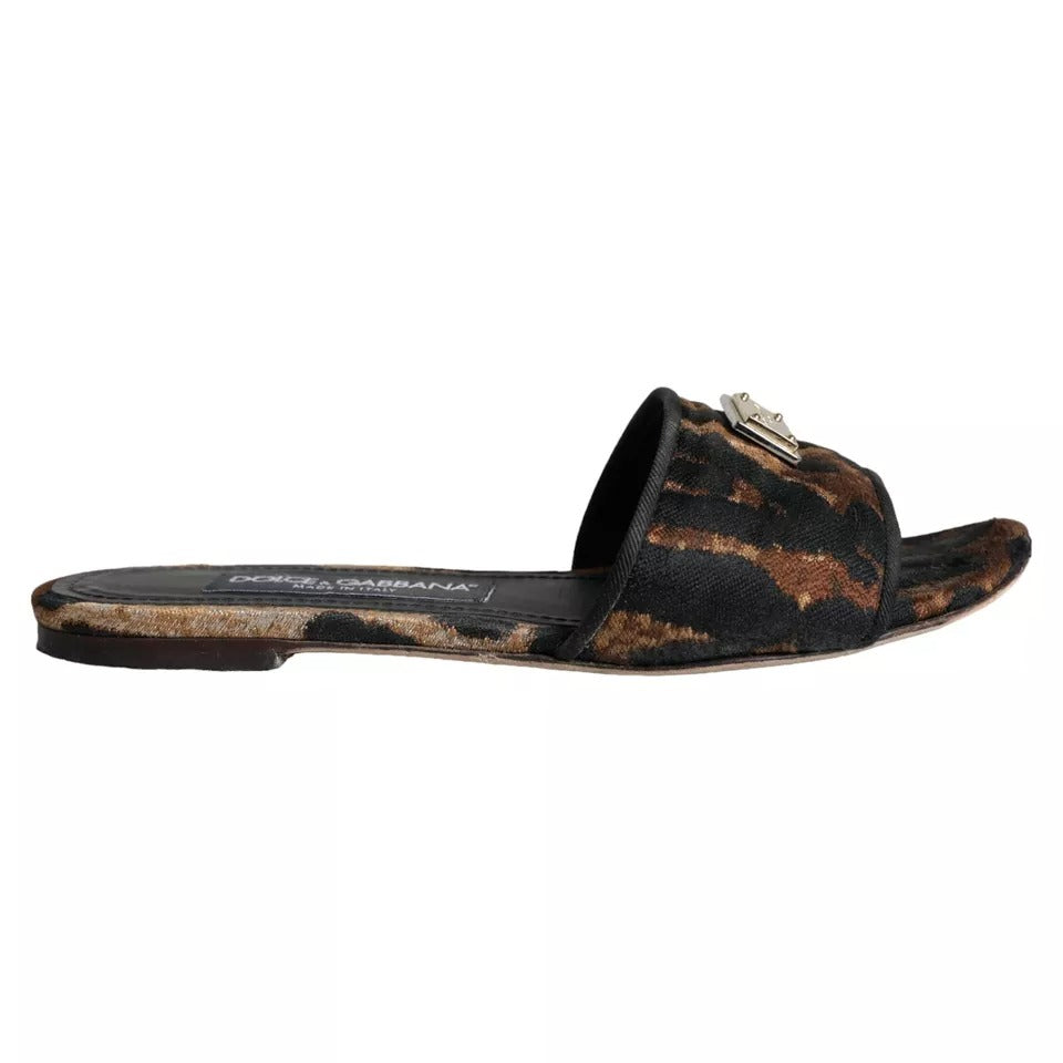 Dolce &amp; Gabbana Brown Leopard Logo Slides Flats Sandaler Skor