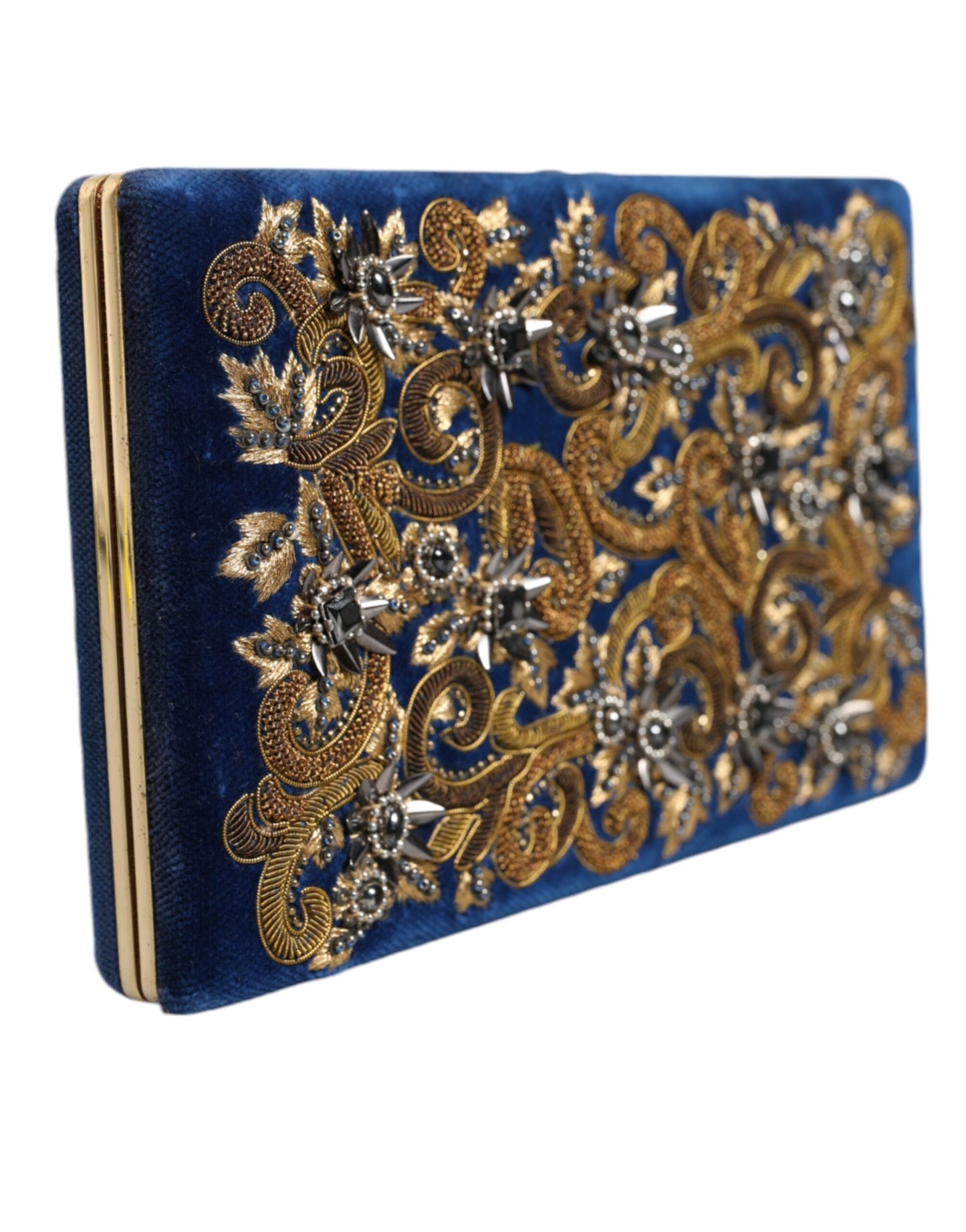 Dolce &amp; Gabbana Blue Velvet Gold Ram Clutch Evening Party Purse Bag