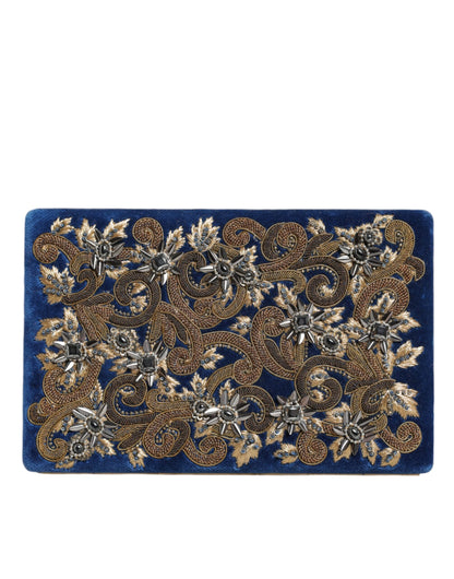 Dolce &amp; Gabbana Blue Velvet Gold Ram Clutch Evening Party Purse Bag