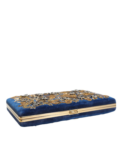 Dolce &amp; Gabbana Blue Velvet Gold Ram Clutch Evening Party Purse Bag