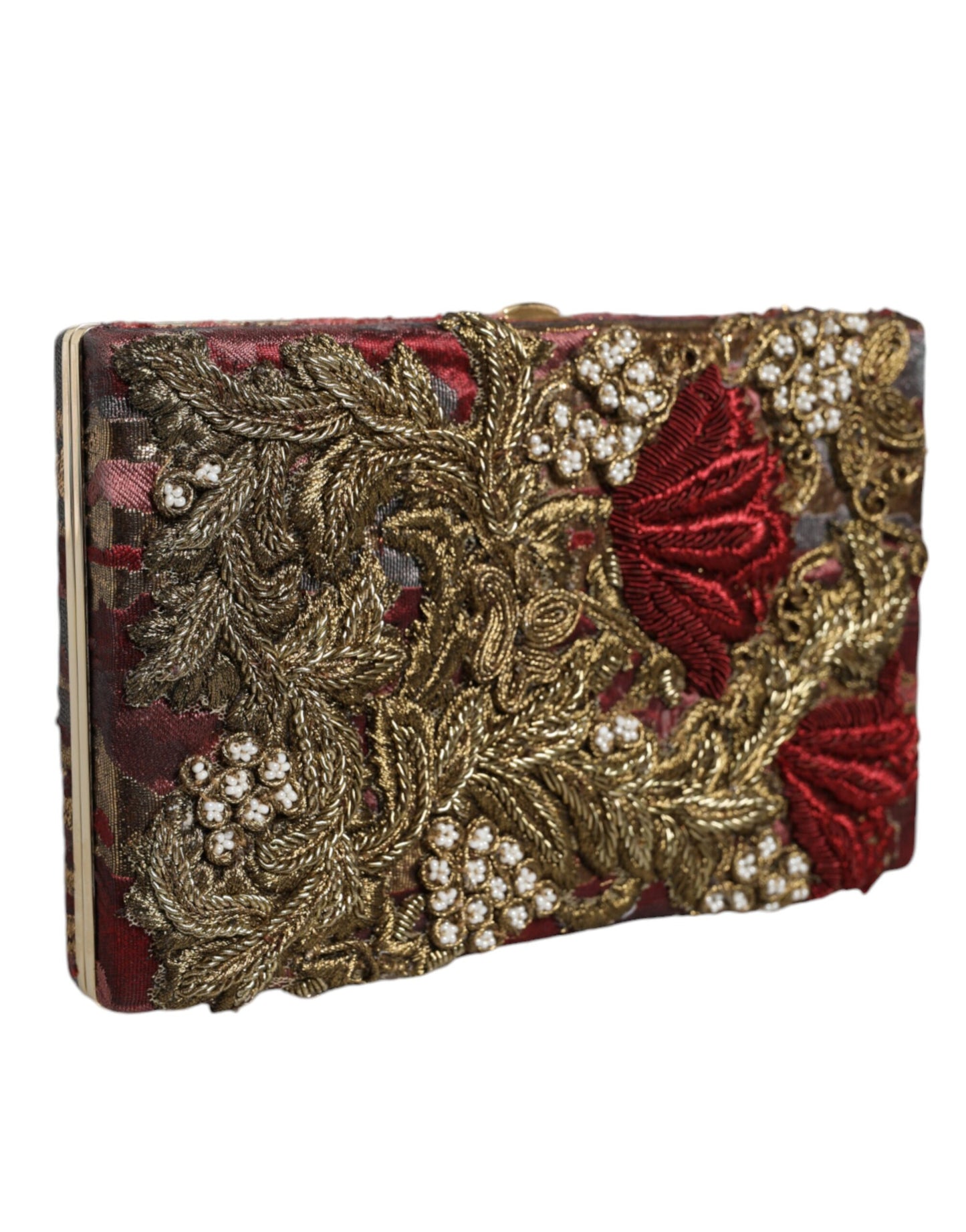 Dolce &amp; Gabbana Maroon Gold Blommig Jacquard Gold Ram Clutch Evening Purse Bag