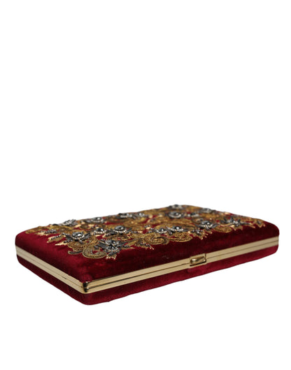 Dolce &amp; Gabbana Red Velvet Gold Ram Clutch Evening Party Purse Bag