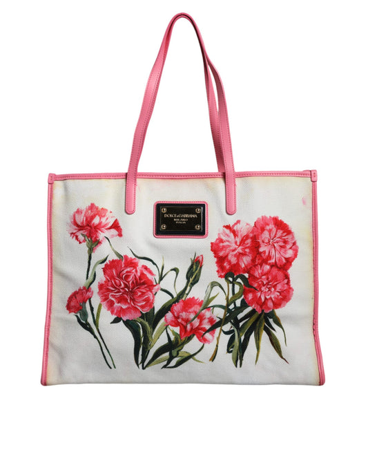 Dolce & Gabbana White Canvas Rose Embroidery Women Shopping Tote Bag