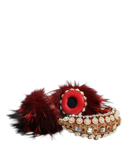 Dolce & Gabbana Red Gold Crystal Fur Headset Audio AUX Headphones