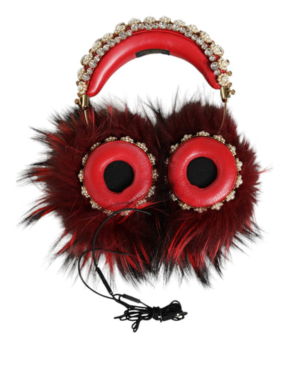 Dolce & Gabbana Red Gold Crystal Fur Headset Audio AUX Headphones