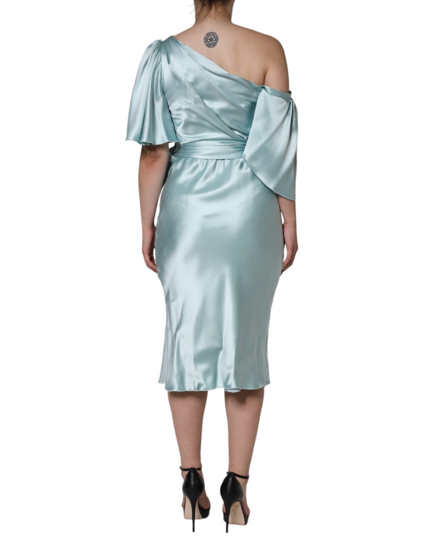 Dolce & Gabbana Mint Green Silk Fit Cut One Shoulder Dress