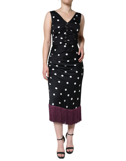 Dolce & Gabbana Black Silk Polka Dot V-neck Tassel Midi Dress