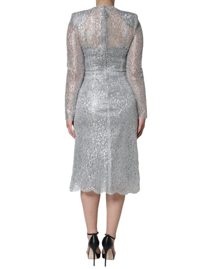 Dolce & Gabbana Silver Floral Lace Bodycon Sheath Midi Dress