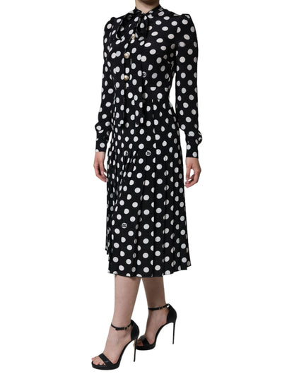 Dolce & Gabbana Black White Polka Dot Ascot Collar Midi Dress