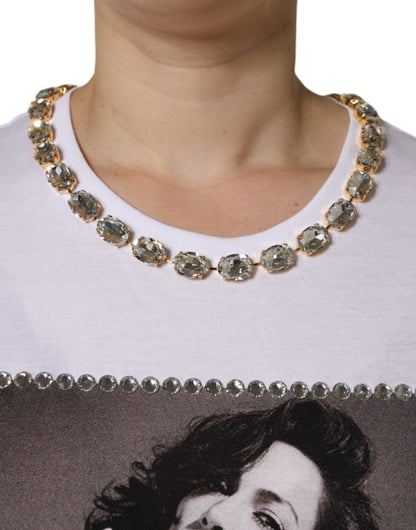 Dolce & Gabbana White Crystal Neckline Embellished Printed T-shirt