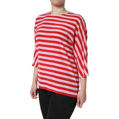 Dolce & Gabbana White Red Striped Silk Round Neck T-shirt