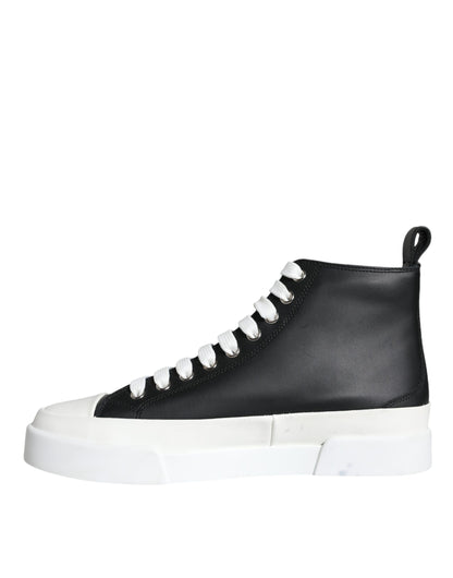 Dolce & Gabbana Black White Leather Mid Top Sneakers Shoes