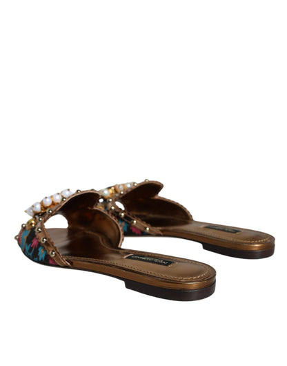 Dolce & Gabbana Multicolor Jacquard Embellished Slides Flats Shoes