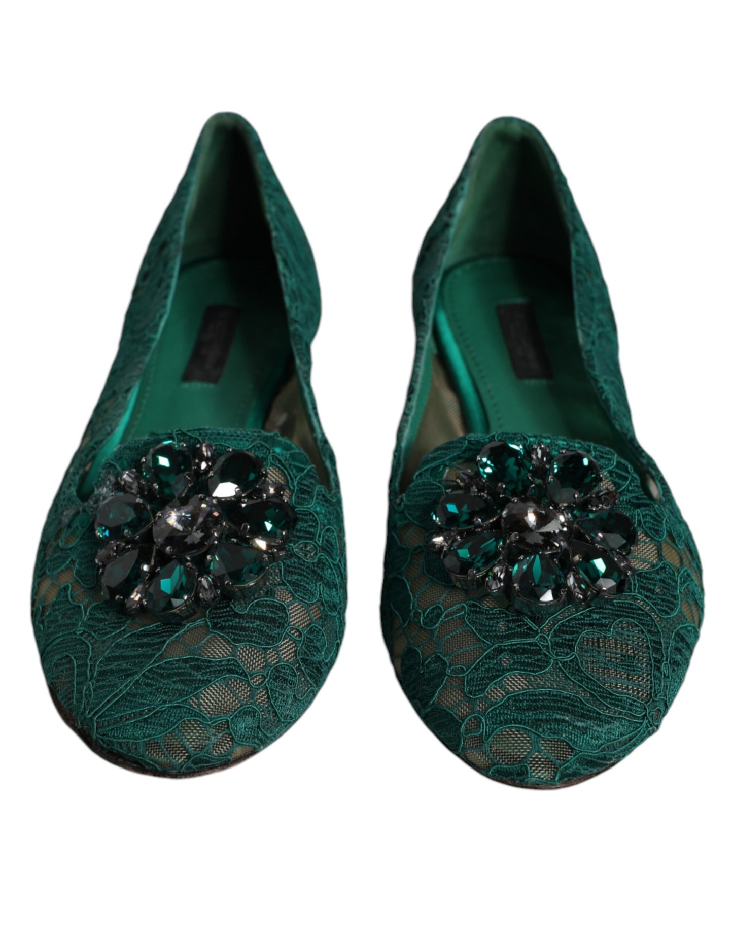 Dolce & Gabbana Green Lace Crystal Ballet Flats Loafers Shoes