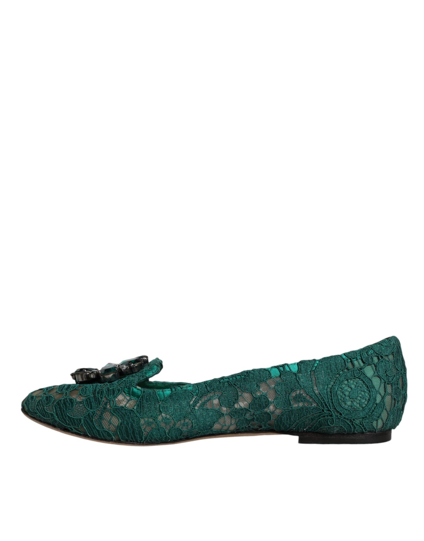 Dolce & Gabbana Green Lace Crystal Ballet Flats Loafers Shoes