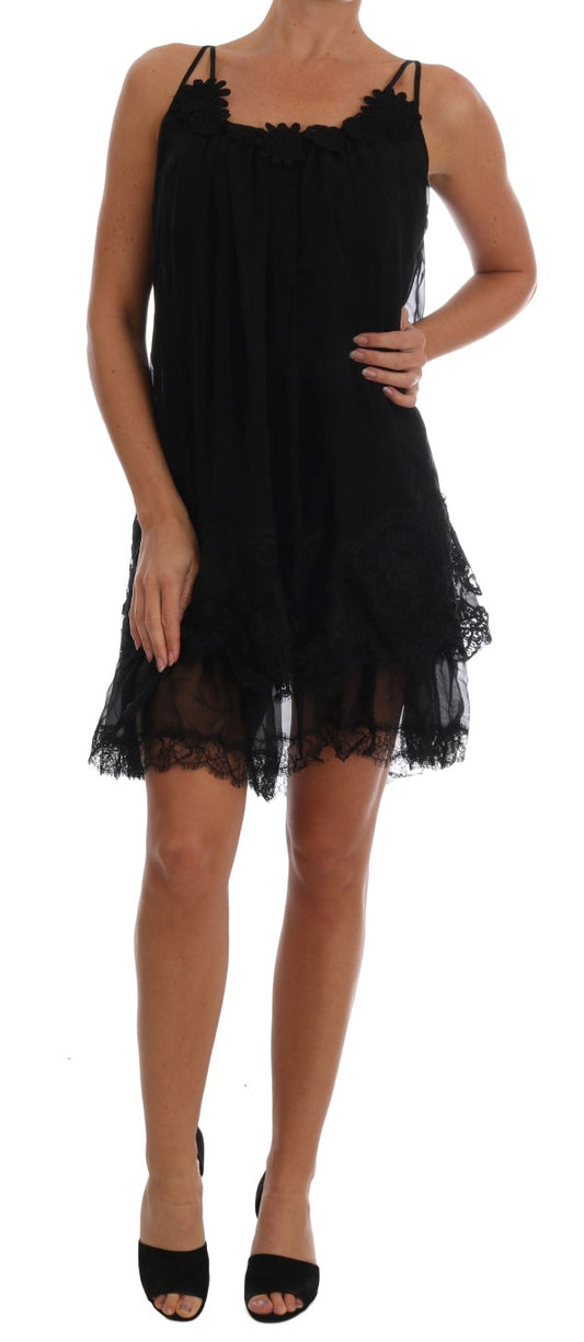 Dolce &amp; Gabbana Elegant Black Silk Lace Chemise-klänning