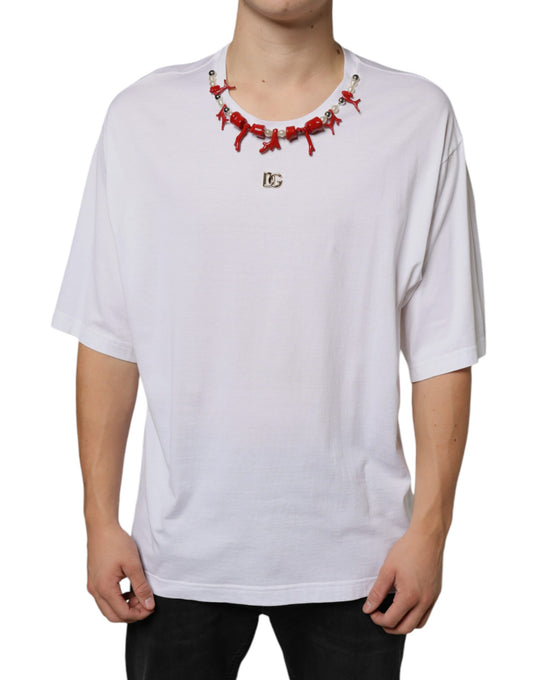 Dolce & Gabbana White Cotton Necklace Embellished T-shirt