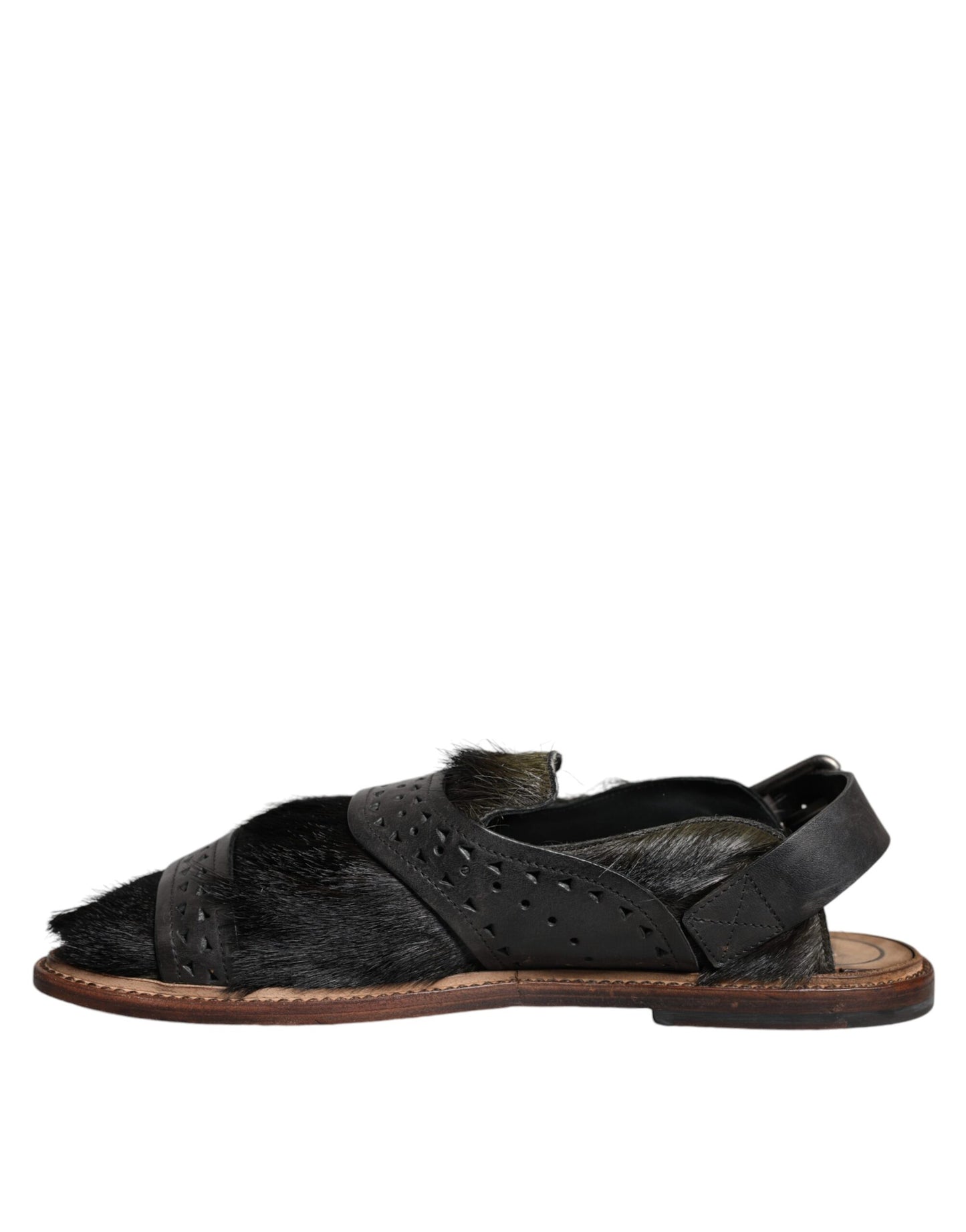 Dolce & Gabbana Black Gazelle Hair Leather Flats Sandals Shoes