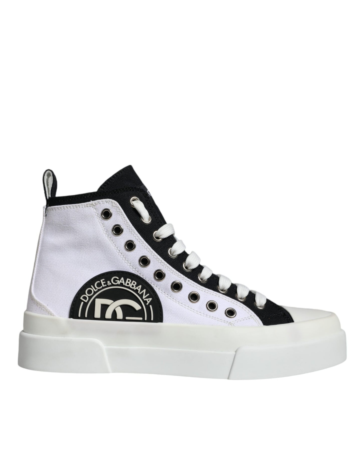 Dolce & Gabbana White Black Cotton Logo High Top Sneaker Shoes