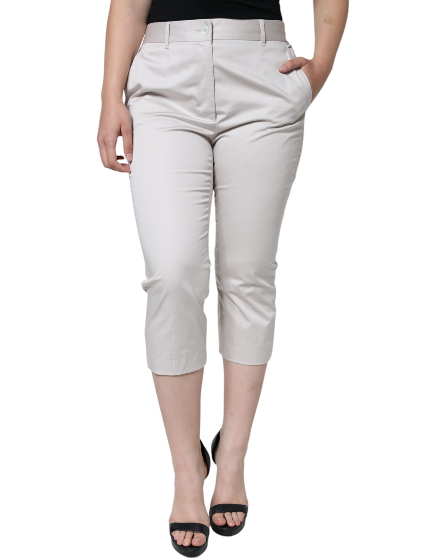 Dolce & Gabbana White Cotton Mid Waist Cropped Skinny Pants